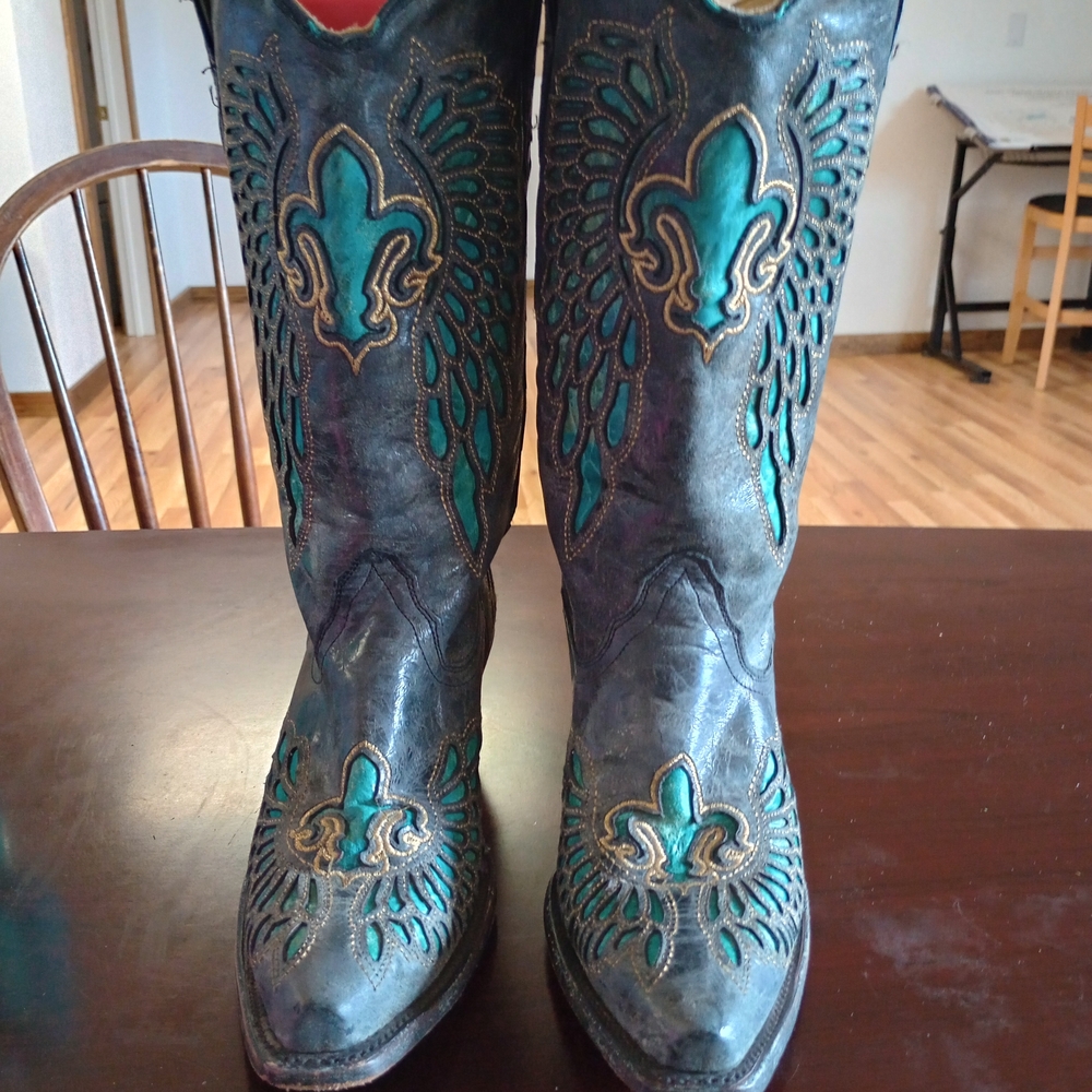 Embroidered Teal and Gray Women's Western Boots